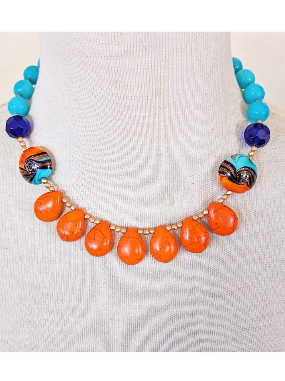 Neon Orange, Sky Blue & Royal Blue Lampwork Glass Statement Strand Necklace